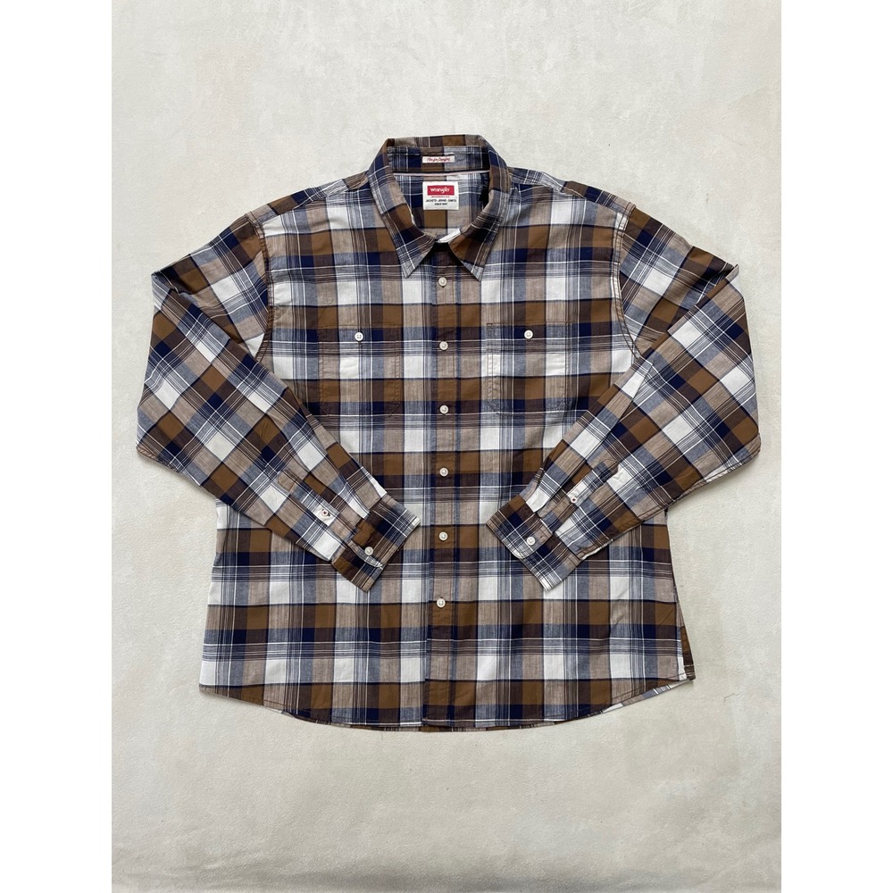 Wrangler Mens 2XL Flex for Comfort Plaid Button Down Shirt Brown Navy MG2-19A